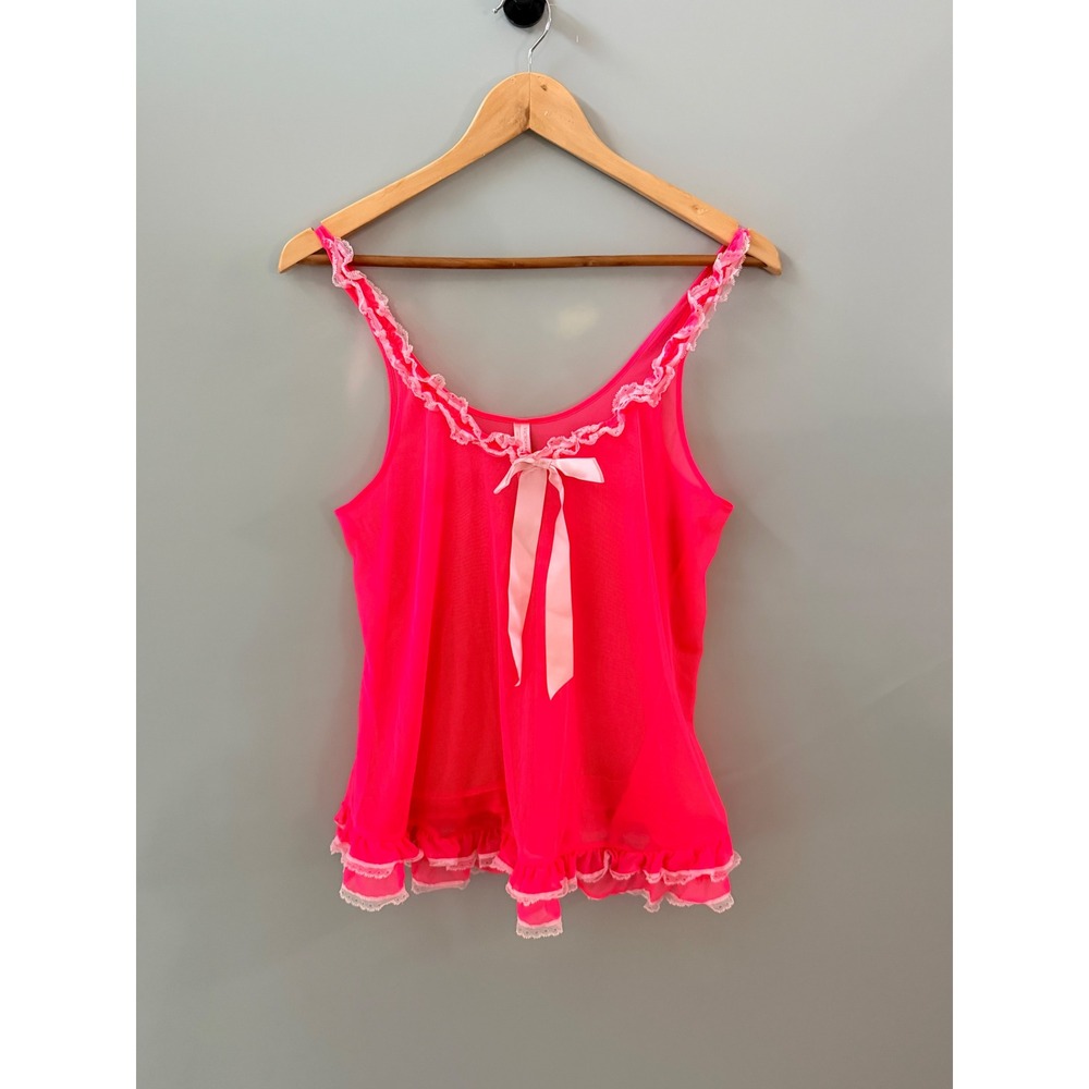 Victoria's Secret Hot Pink Sheer Mesh Lace Trim Ruffle Babydoll Top Medium